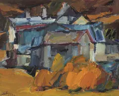 Herbert Danler, Architectural ensemble with mill, St. Valentin auf der Haide, 1979, oil on canvas; framed