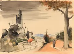 Franz Sedlacek, Landschaft mit Ruine, 1936, watercolour on paper; framed