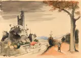 Franz Sedlacek, Landschaft mit Ruine, 1936, watercolour on paper; framed