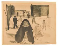 Wilhelm Thöny, Straßenszene mit Nonne im Vordergrund, c. 1925, India ink, wash on paper; framed