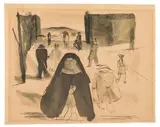 Wilhelm Thöny, Straßenszene mit Nonne im Vordergrund, c. 1925, India ink, wash on paper; framed