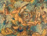 Franz von Zülow, Jungle with a lion and a snake, watercolour, chalk on paper; framed