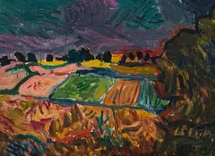 Josef Dobrowsky, Erntefelder aus dem Burgenland, 1960, oil on hardboard; framed
