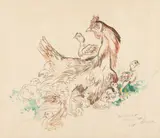 Ludwig Heinrich Jungnickel, Hen with chicks, 1937, mixed media on paper; framed
