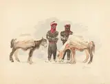 Ludwig Heinrich Jungnickel, Two people with a donkey / Bosnian market scene, mixed media on paper; framed