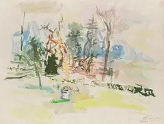 Oskar Kokoschka, Landscape with Lake Geneva, 1956, watercolour on paper; framed