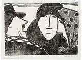 Werner Berg, Keuschlerpaar und Händler, 1972, woodcut on paper; framed