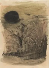 Kurt Absolon, Landscape with a black sun and ravens, 1950, India ink, watercolour on paper; framed
