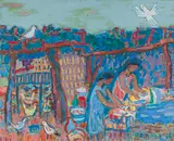 Eduard Bäumer, Washing women, 1966, oil on canvas; framed