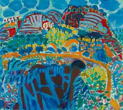 Eduard Bäumer, Blaues Kalabrien / Schlucht und Berge, 1965, oil on canvas; framed