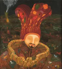 Arik Brauer, Mauer-Kragen, 1972, oil on acrylic-primed paper on plywood; framed