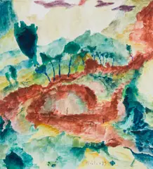 Max Weiler, Landschaft mit roter Erde, 1989, egg tempera, pencil on canvas; framed