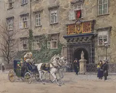 Ernst Graner, Emperor Franz Joseph I in a Carriage in front of the Schweizertor of the Vienna Hofburg Palace, 1912, watercolour on paper; framed