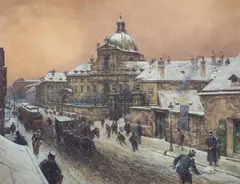 Karl Pippich, Am Rennweg Facing the Salesianerkirche in the Winter, c. 1926, gouache on paper on cardboard; framed