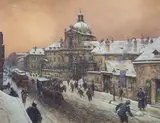 Karl Pippich, Am Rennweg Facing the Salesianerkirche in the Winter, c. 1926, gouache on paper on cardboard; framed