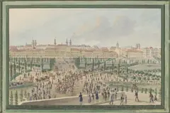 Balthasar Wigand, Vom Plateau des Burgthors zu Sehen die Rückunft des Allerhöchstn Hofes von der Revies am Glacis, 1836, gouache on paper; framed