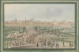 Balthasar Wigand, Vom Plateau des Burgthors zu Sehen die Rückunft des Allerhöchstn Hofes von der Revies am Glacis, 1836, gouache on paper; framed