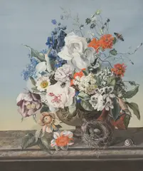 Joseph Nigg, Floral Still Life with Bird's Nest, gouache on paper; framed