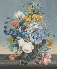 Joseph Nigg, Floral Still Life with Butterflies, gouache on paper; framed