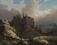 Markus Pernhart, Rocky Shoreline on Lake Wörthersee, 1847, oil on canvas; framed
