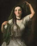 Johann Baptist Reiter, Young Girl in a White Dress with a Green Veil in Her Hands, oil on canvas; framed