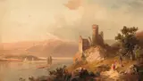 Nicolai Astudin, Ehrenfels Castle Ruins and Mäuseturm on the Rhine in Hesse, oil on panel; framed