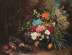 Camilla Göbl, Magnificent Floral Still Life with Fruit, oil on canvas; framed