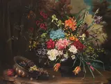Camilla Göbl, Magnificent Floral Still Life with Fruit, oil on canvas; framed