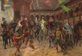 Ludwig Koch, Setting out for the Hunt in the Courtyard of Schallaburg Castle in Lower Austria, 1923, oil on canvas; unframed