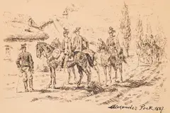 Alexander Pock, Uhlans of the k.u.k. regime; Study with Fanfare and Dog on the Reverse, 1887, india ink on paper; reverse: watercolour; framed