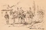 Alexander Pock, Uhlans of the k.u.k. regime; Study with Fanfare and Dog on the Reverse, 1887, india ink on paper; reverse: watercolour; framed