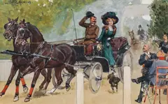 Ludwig Koch, Madame Sacher Leaving a Fiaker, watercolour on paper; framed