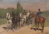 Alexander Pock, Carriage with a Four-in-Hand, oil on cardboard; framed