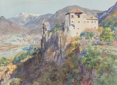 Edward Theodore Compton, Haselburg by Bozen in South Tyrol, watercolour on paper; framed