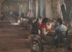 Josef Engelhart, Cigar Factory in Seville, c. 1892, mixed media on cardboard; framed