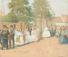 Hans Tschelan, Wedding Procession, oil on panel; framed