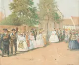 Hans Tschelan, Wedding Procession, oil on panel; framed