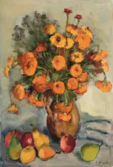 Rudolf Hanych, Floral Still Life with Fruits, oil on canvas; framed