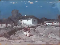 Stepan Fedorovic Kolesnikoff, Village by Night, gouache on cardboard; framed