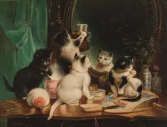Kittens on the Dressing Table by Carl Reichert, oil on panel; framed, sold Dec 2025