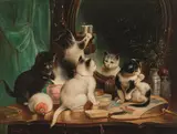 Carl Reichert, Kittens on the Dressing Table, oil on panel; framed