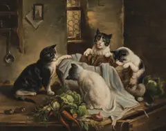 Kittens in the Kitchen by Carl Reichert, oil on panel; framed, sold Dec 2025