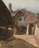 Johann Nepomuk Geller, Farmstead in Weissenkirchen (Wachau), oil on cardboard; framed
