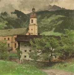 Edward Harrison Compton, Neustift in the Stubai Valley with St. George's Church, 1947, oil on canvas; framed
