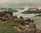 Peder Mørk Mønsted, Coastal Landscape by Hammeren on the island Bornholm, 1918, oil on canvas; framed