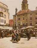 Johann Nepomuk Geller, Market at Herrenplatz in St. Pölten, oil on canvas on cardboard; framed
