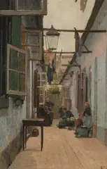 Carl Moll, Backyard with women and children, c. 1892, oil on panel; framed