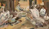 Carl Fahringer, Pelicans, oil on canvas; framed