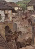 Carl Fahringer, Turkish inn, oil on cardboard; framed