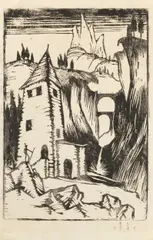 Franz Sedlacek, Turm im Gebirge, 1921, woodcut on paper; framed